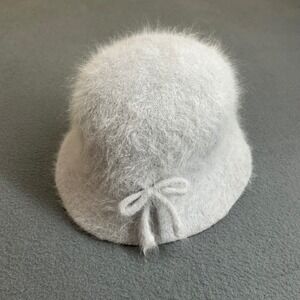 Unbranded Bucket Hat Women OS Gray Angora Blend Fuzzy Bow Cloche Winter Hat